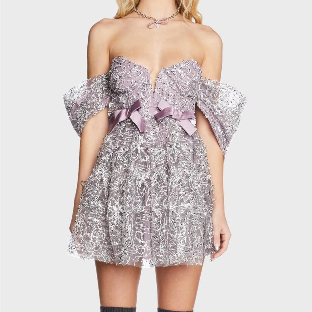 For Love & Lemons Lavender Silver Off-Shoulder Mini Dress